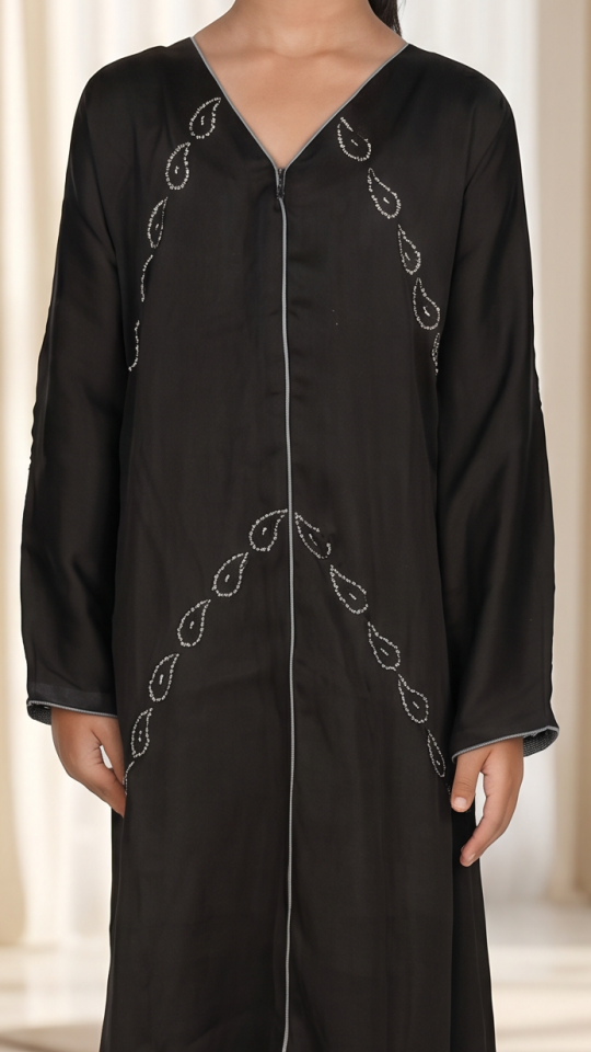 Wholesale Black Nida Matte Kids Abaya with White Glass Stone Work on the Front