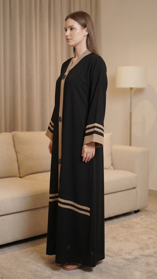 Abaya with Beige Band Work on the Front and Sleeves in Black
