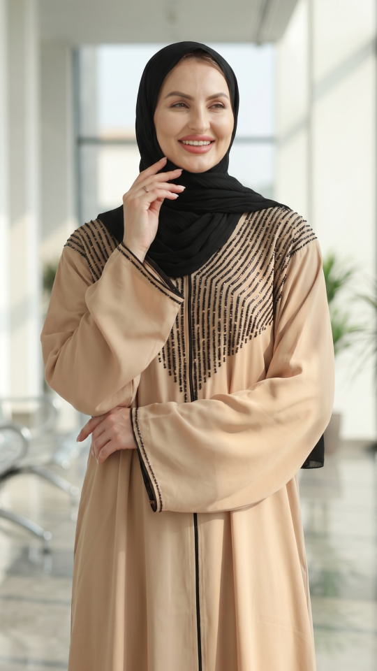 Beige Gulf Zoom Abaya with Crystal Handwork and Piping on the Front and Sleeves