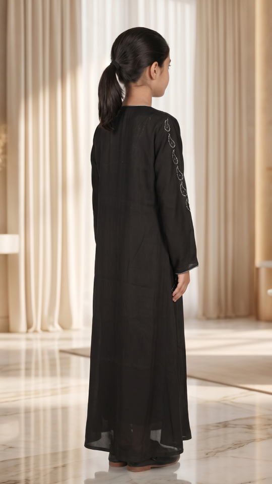 Wholesale Black Nida Matte Kids Abaya with White Glass Stone Work on the Front