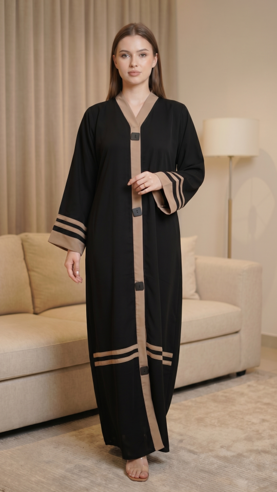 Abaya with Beige Band Work on the Front and Sleeves in Black