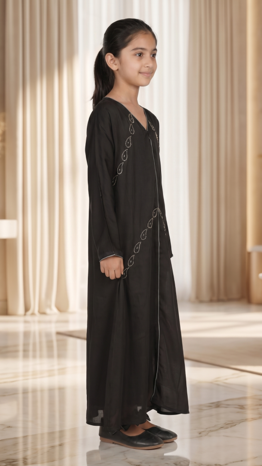 Wholesale Black Nida Matte Kids Abaya with White Glass Stone Work on the Front