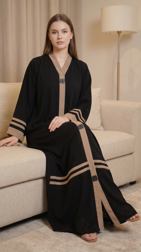 Abaya with Beige Band Work on the Front and Sleeves in Black