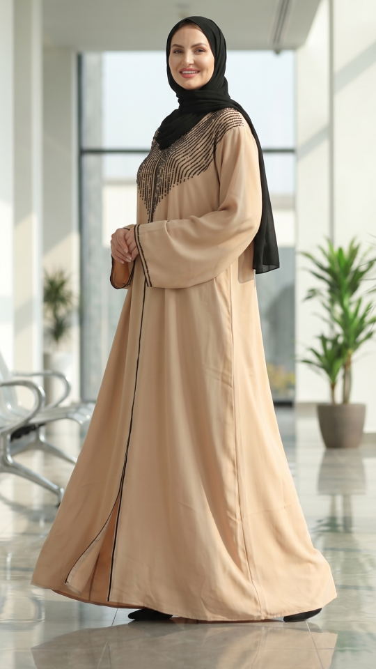 Beige Gulf Zoom Abaya with Crystal Handwork and Piping on the Front and Sleeves