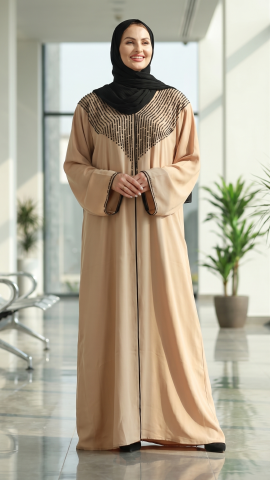 Soft Brown Gulf Zoom Abaya with Crystal Handwork and Piping on the Front and Sleeves