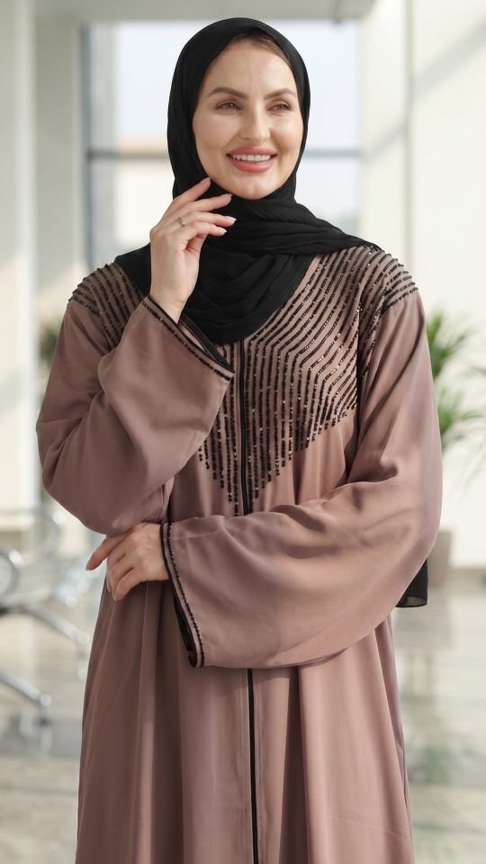 Soft Brown Gulf Zoom Abaya with Crystal Handwork and Piping on the Front and Sleeves