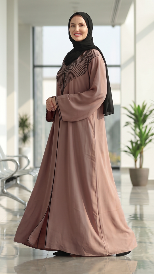 Soft Brown Gulf Zoom Abaya with Crystal Handwork and Piping on the Front and Sleeves