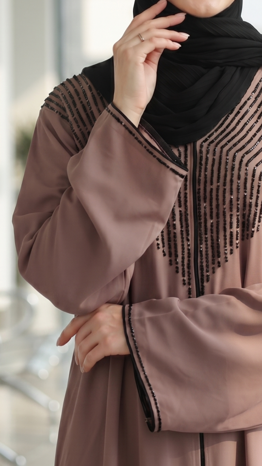 Soft Brown Gulf Zoom Abaya with Crystal Handwork and Piping on the Front and Sleeves