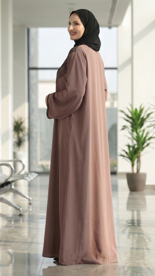 Soft Brown Gulf Zoom Abaya with Crystal Handwork and Piping on the Front and Sleeves