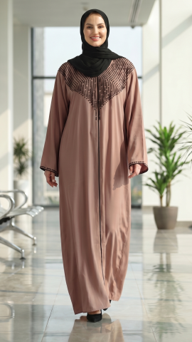Soft Brown Gulf Zoom Abaya with Crystal Handwork and Piping on the Front and Sleeves
