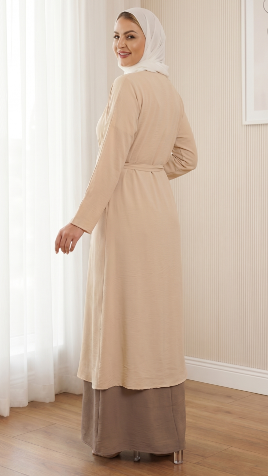 Cream and Brown CEY Modest Dress with a Shrug and Belt