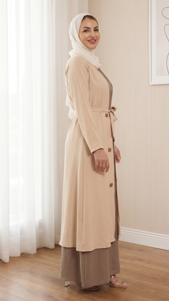 Cream and Brown CEY Modest Dress with a Shrug and Belt