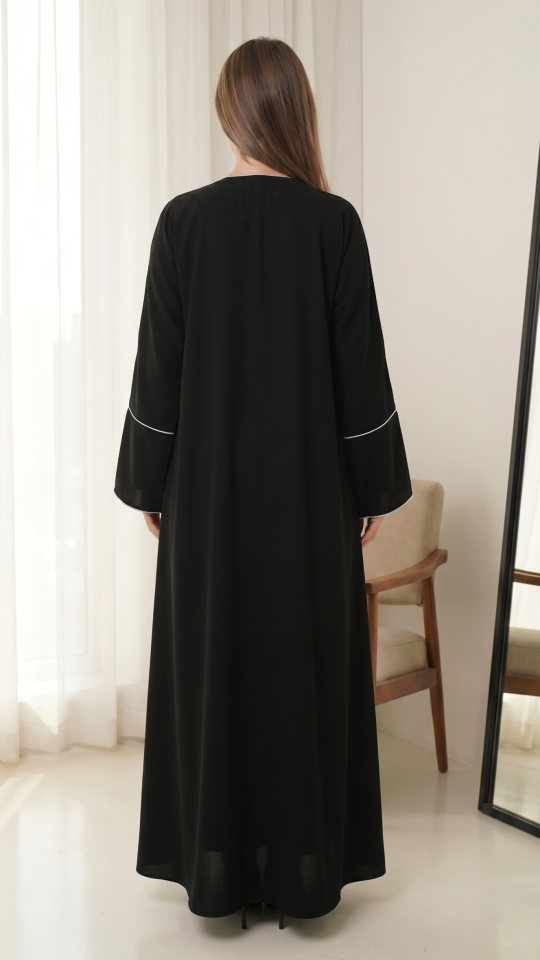 Wholesale Black Simple Abaya with White Piping on the Front and Sleeves