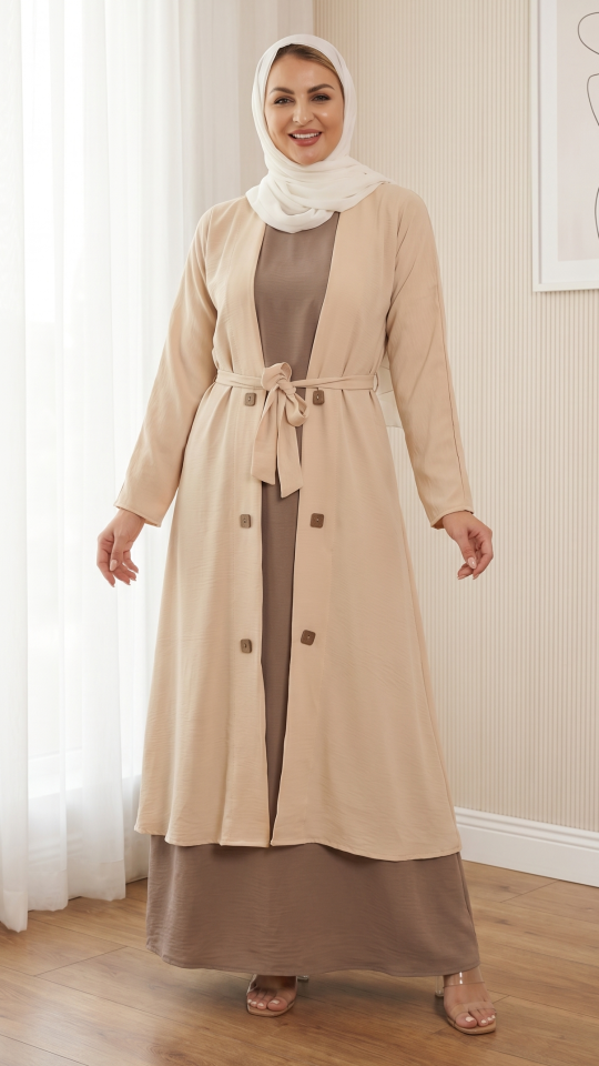 Cream and Brown CEY Modest Dress with a Shrug and Belt