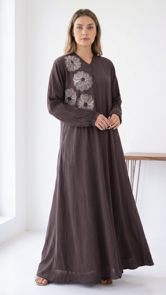 Brown Zoom Simple Front Open Abaya with Crystal Handwork and Pleat Work on the Sleeves
