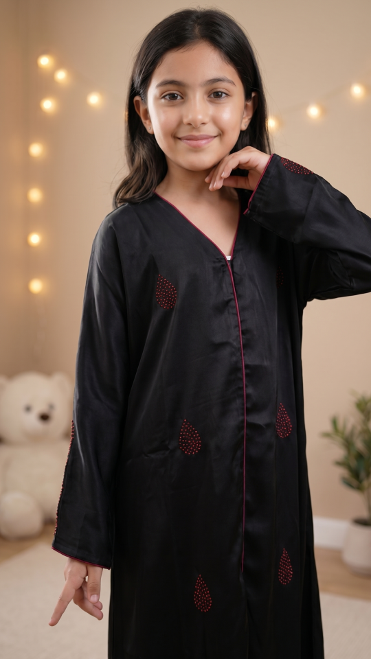 Bulk Kids Abaya with Dori Lace on the Front and Sleeves in Black