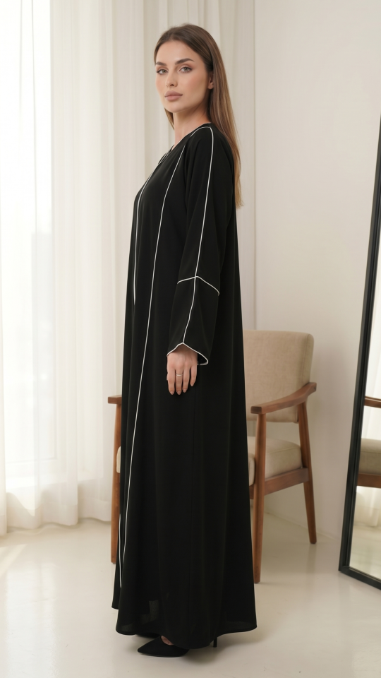 Wholesale Black Simple Abaya with White Piping on the Front and Sleeves
