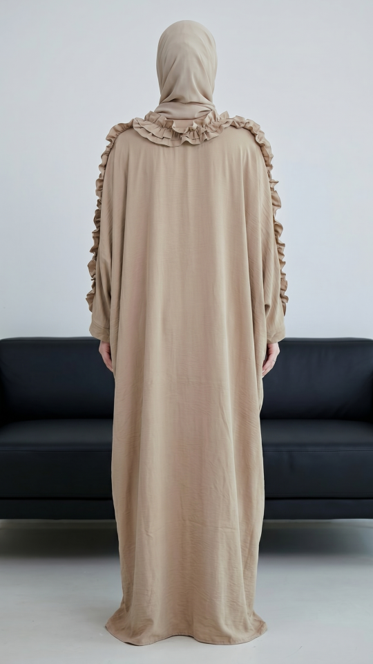 Wholesale Beige Kaftan with Frill Work on the Sleeves and Neck