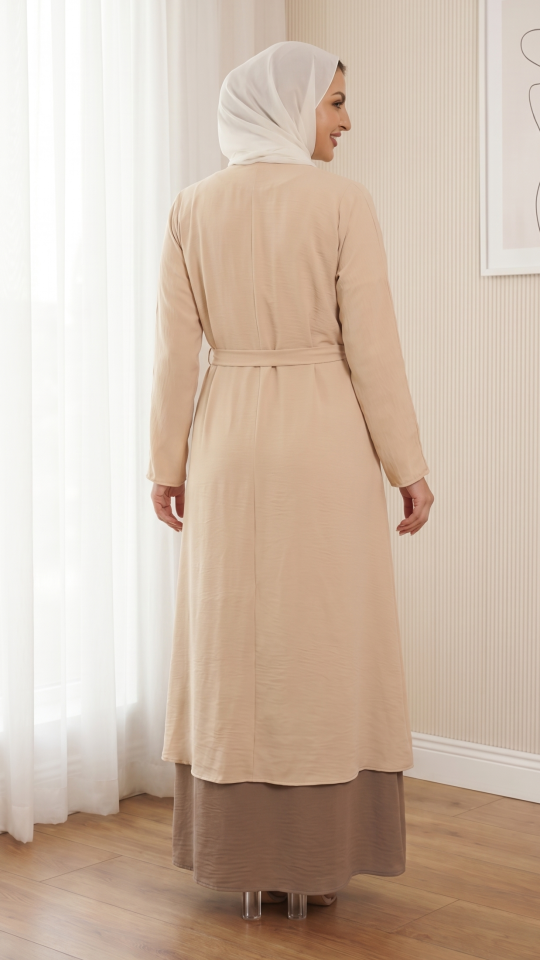 Cream and Brown CEY Modest Dress with a Shrug and Belt