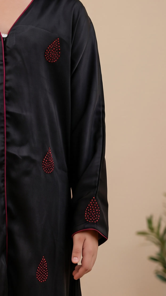 Bulk Kids Abaya with Dori Lace on the Front and Sleeves in Black