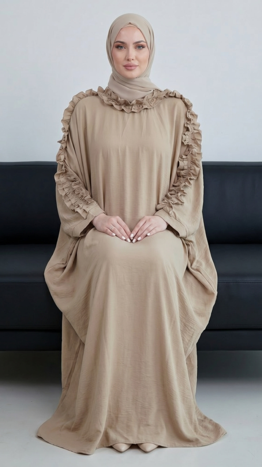 Wholesale Beige Kaftan with Frill Work on the Sleeves and Neck