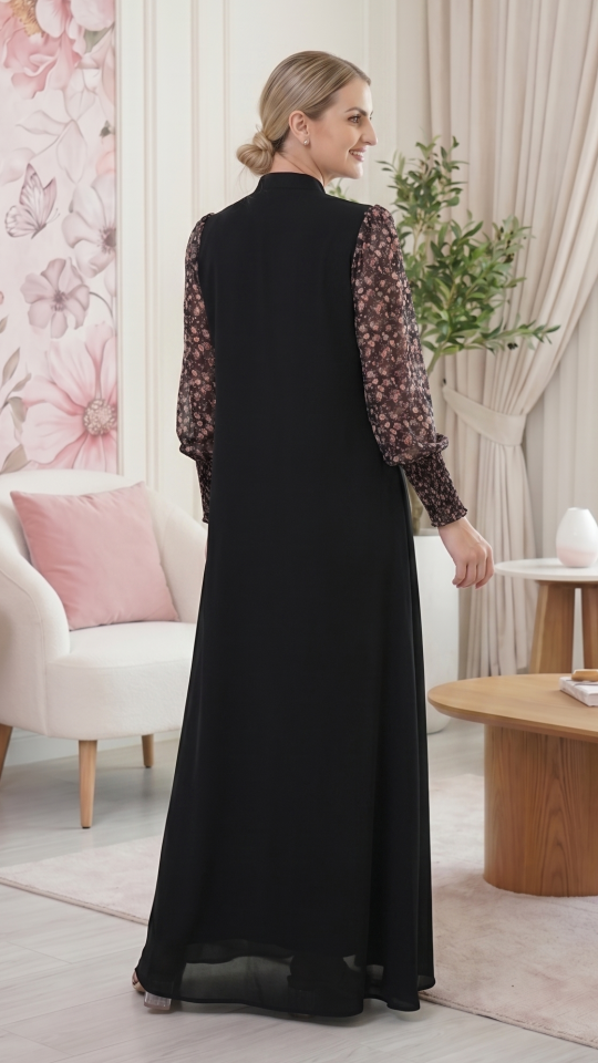 Wholesale Stylish Front Open Modest Dress with Show Buttons and Floral Print on the Sleeves
