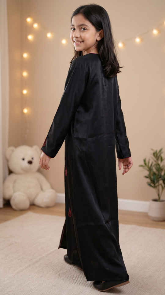 Bulk Kids Abaya with Dori Lace on the Front and Sleeves in Black
