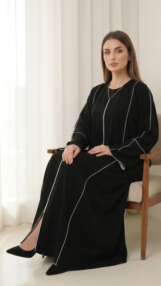 Wholesale Black Simple Abaya with White Piping on the Front and Sleeves