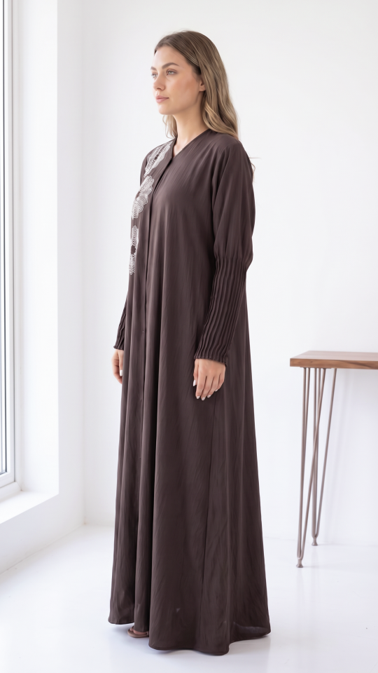 Brown Zoom Simple Front Open Abaya with Crystal Handwork and Pleat Work on the Sleeves