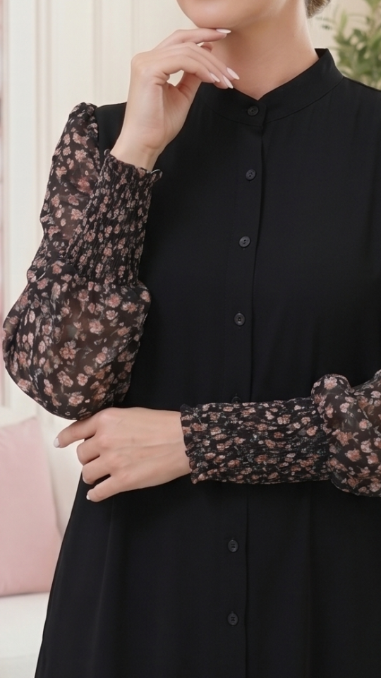 Wholesale Stylish Front Open Modest Dress with Show Buttons and Floral Print on the Sleeves