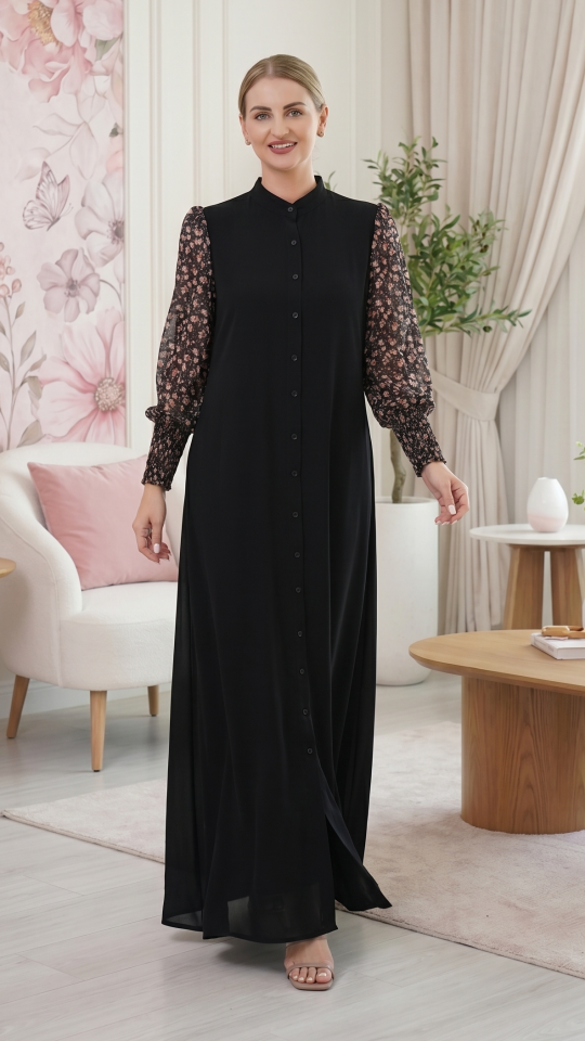 Wholesale Stylish Front Open Modest Dress with Show Buttons and Floral Print on the Sleeves