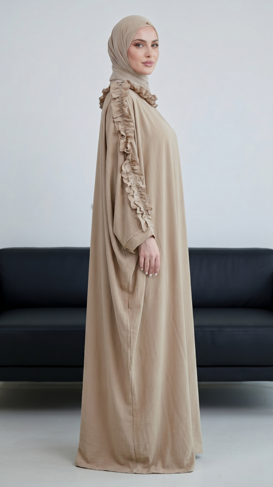 Wholesale Beige Kaftan with Frill Work on the Sleeves and Neck