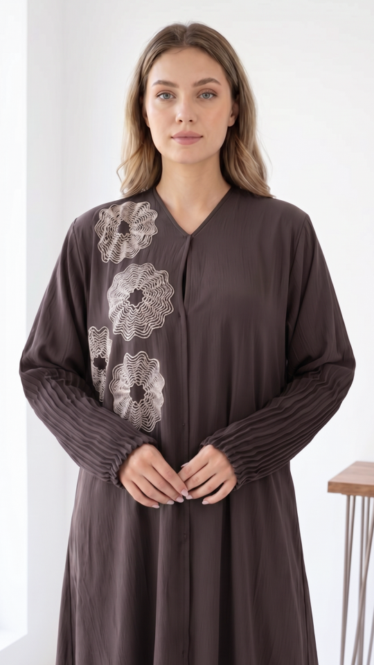 Brown Zoom Simple Front Open Abaya with Crystal Handwork and Pleat Work on the Sleeves