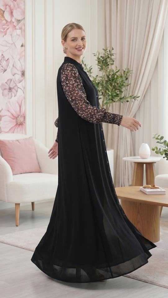Wholesale Stylish Front Open Modest Dress with Show Buttons and Floral Print on the Sleeves