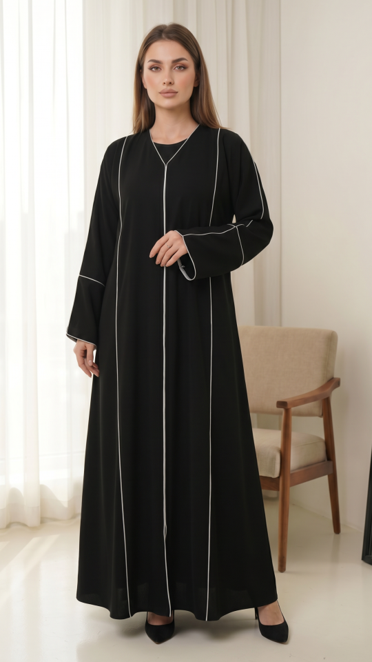 Wholesale Black Simple Abaya with White Piping on the Front and Sleeves