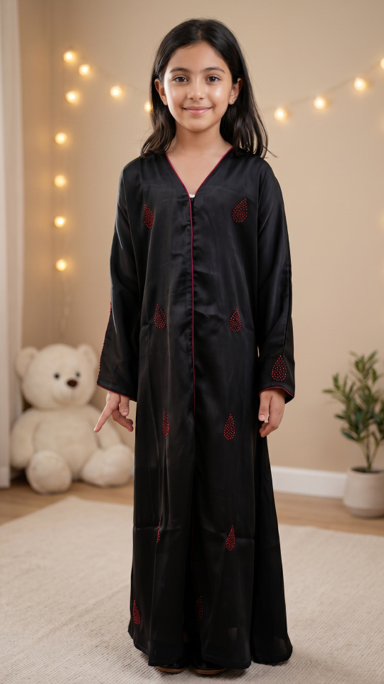 Bulk Kids Abaya with Dori Lace on the Front and Sleeves in Black