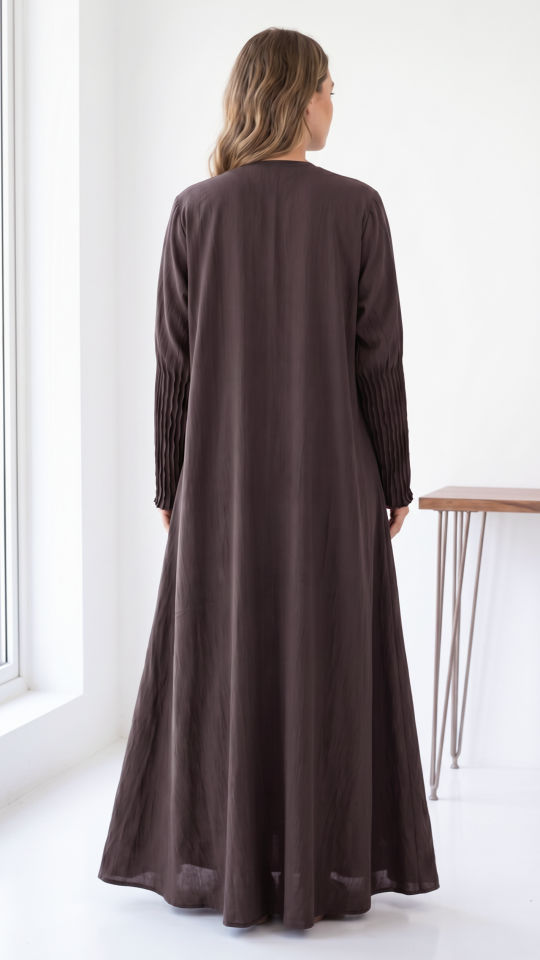 Brown Zoom Simple Front Open Abaya with Crystal Handwork and Pleat Work on the Sleeves