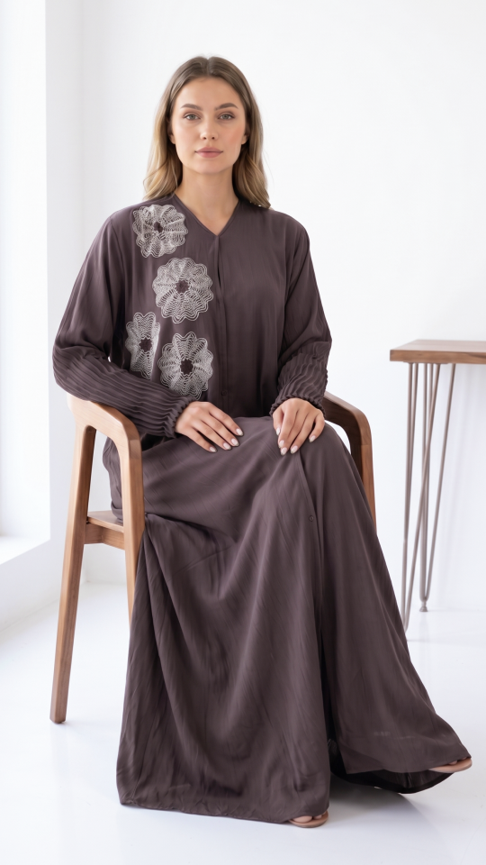 Brown Zoom Simple Front Open Abaya with Crystal Handwork and Pleat Work on the Sleeves