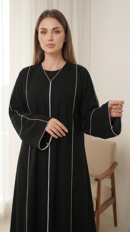 Wholesale Black Simple Abaya with White Piping on the Front and Sleeves