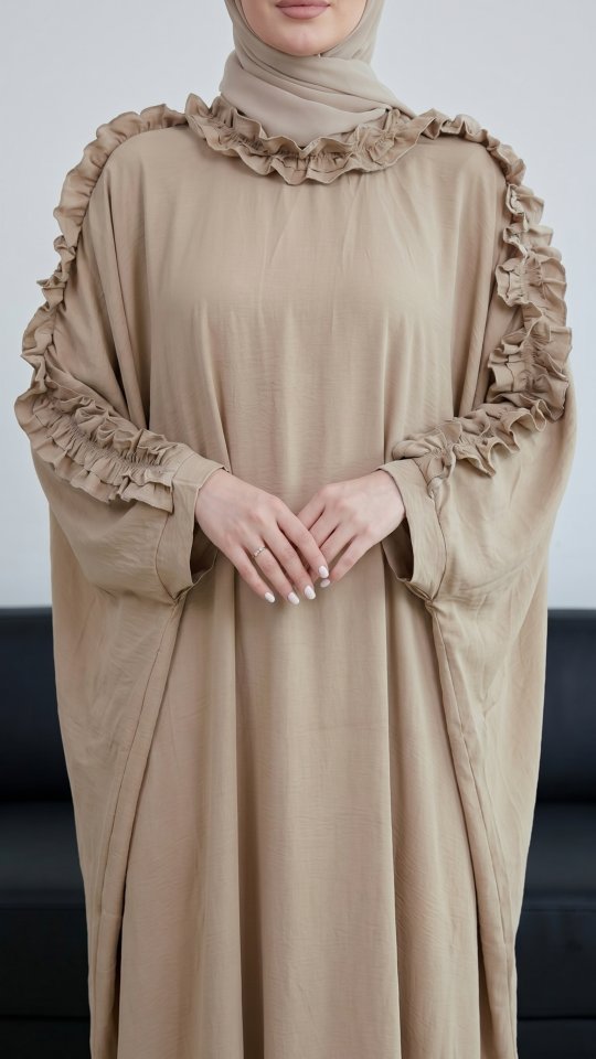 Wholesale Beige Kaftan with Frill Work on the Sleeves and Neck