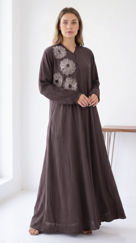 Wholesale Olive Zoom Simple Front Open Abaya with Crystal Hand Work and Pleat Work on the Sleeves 