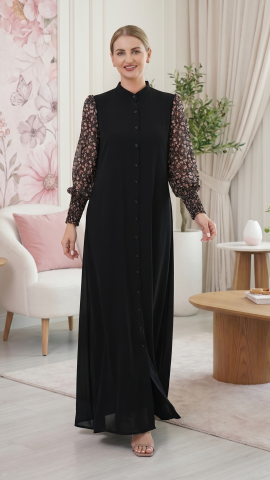 Wholesale Stylish Front Open Modest Dress with Show Buttons and Floral Print on the Sleeves