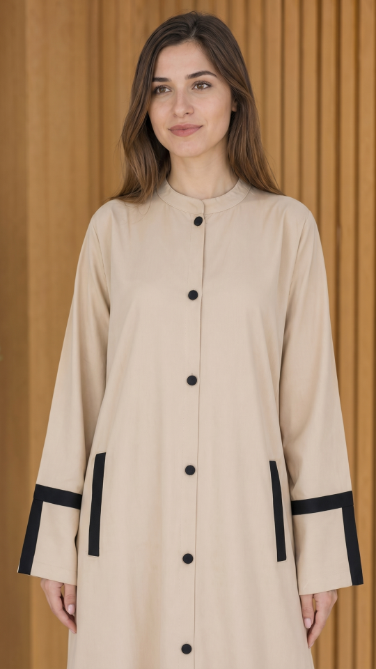 Bulk CEY Simple Front Open Abaya with Two Side Pockets at the Front and Show Buttons in Cream