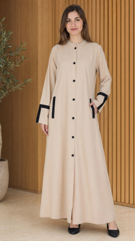 Bulk CEY Simple Front Open Abaya with Two Side Pockets at the Front and Show Buttons in Cream