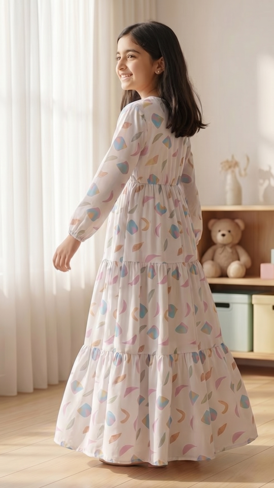 Wholesale Off White Kids Modest Dress With Mordant Print