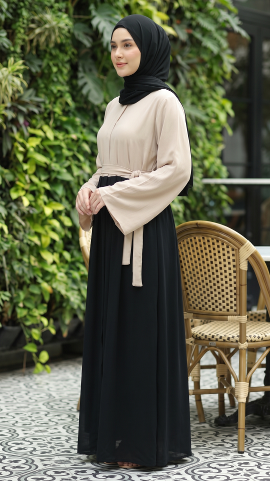 Wholesale FrontOpen Modest Dress with a Belt in Almond and Black