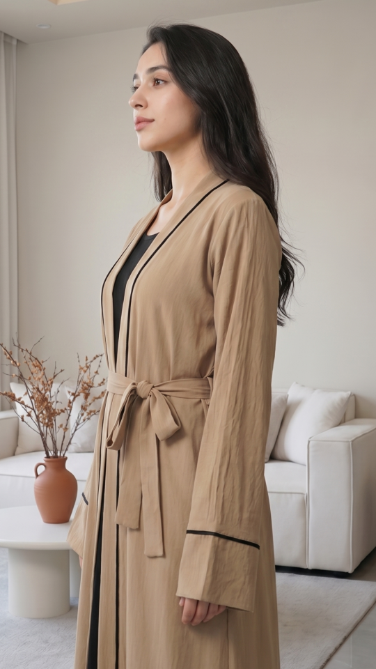 Wholesale Peanut Brown Shrug with Piping Work and a Belt 