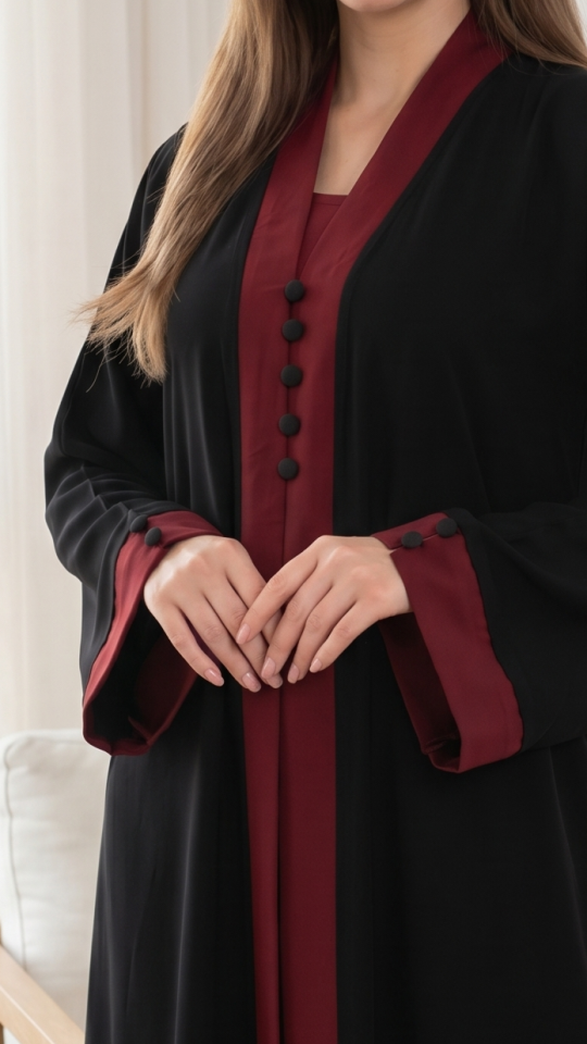 Wholesale Stylish Abaya with an Attached Shrug in Black with a Maroon Border