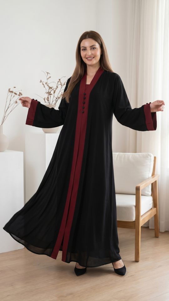 Wholesale Stylish Abaya with an Attached Shrug in Black with a Maroon Border