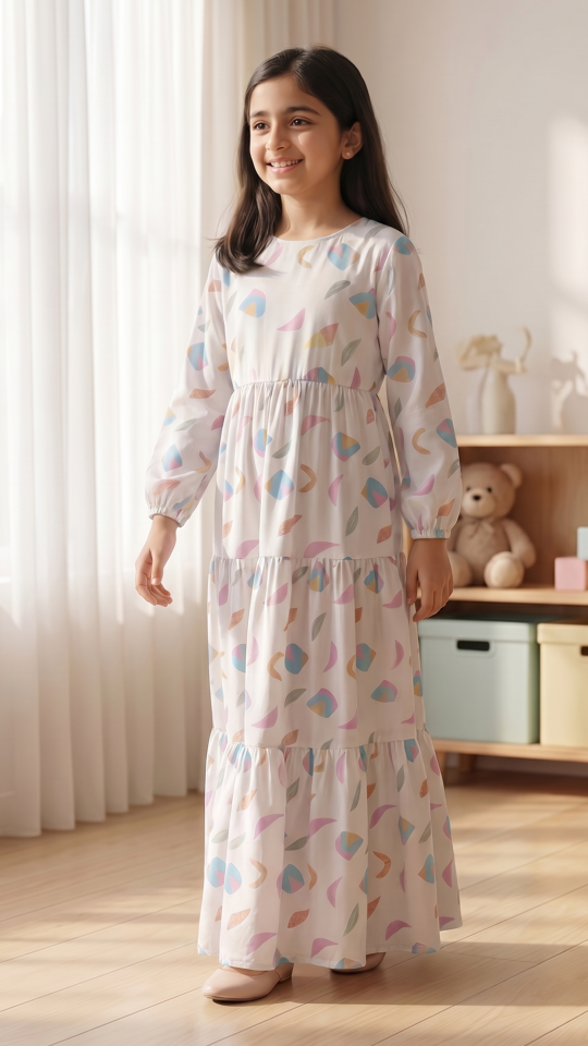 Wholesale Off White Kids Modest Dress With Mordant Print